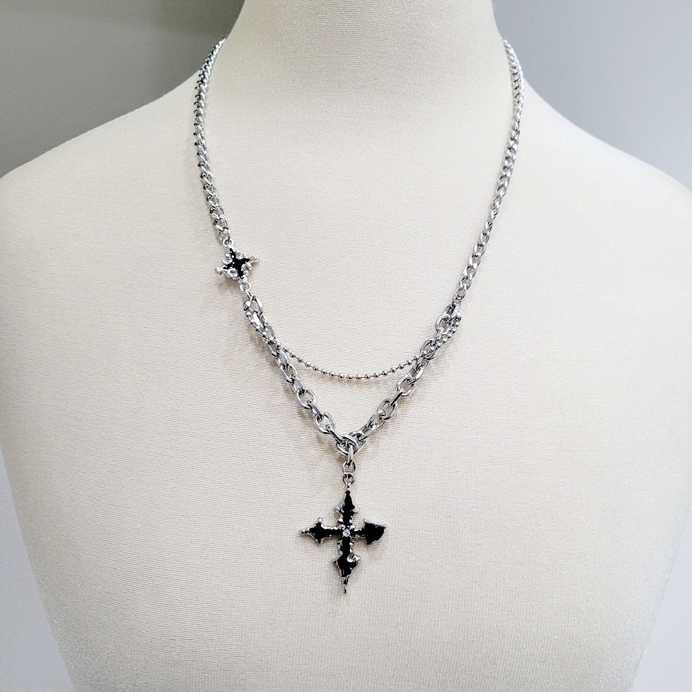 Brand New Top Fashion Black & Silver Cross Necklace